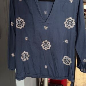 Lucky Brand Dark Blue Floral Embroidered Blouse
